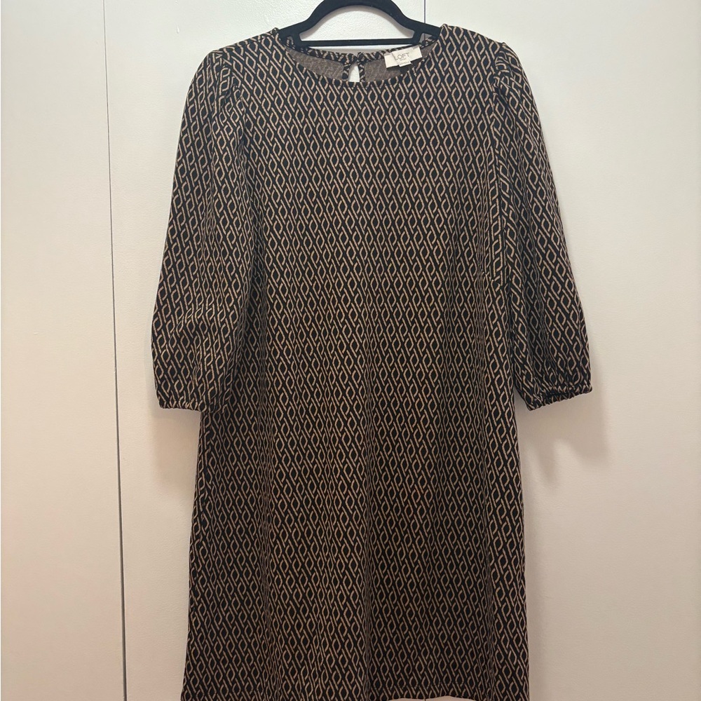 LOFT Black and Gold Geometric Long Sleeve Dress
